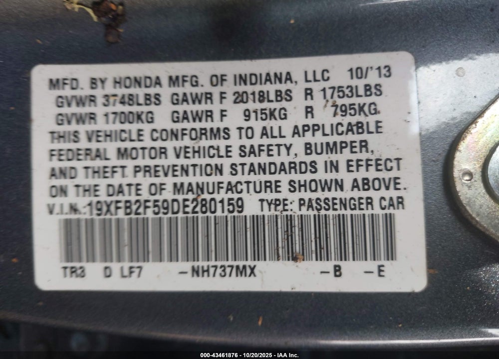2013 HONDA CIVIC LX VIN: 19XFB2F59DE280159