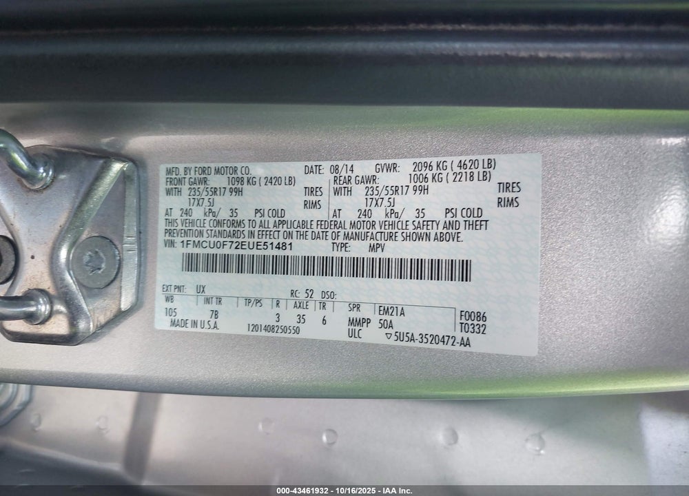 2014 FORD ESCAPE S VIN: 1FMCU0F72EUE51481