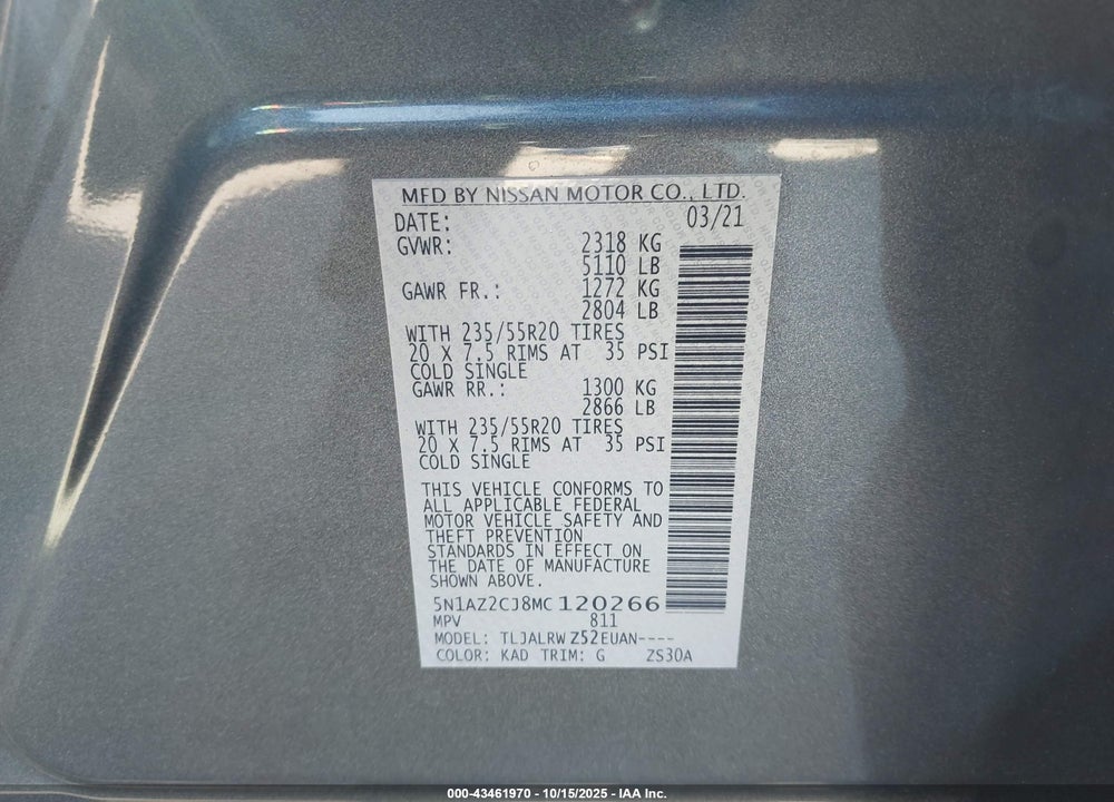 2021 NISSAN MURANO SL FWD VIN: 5N1AZ2CJ8MC120266