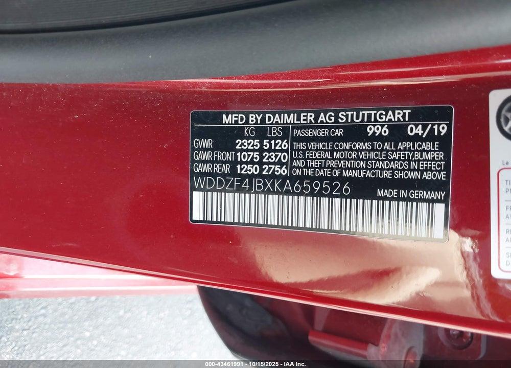 2019 MERCEDES-BENZ E 300 VIN: WDDZF4JBXKA659526