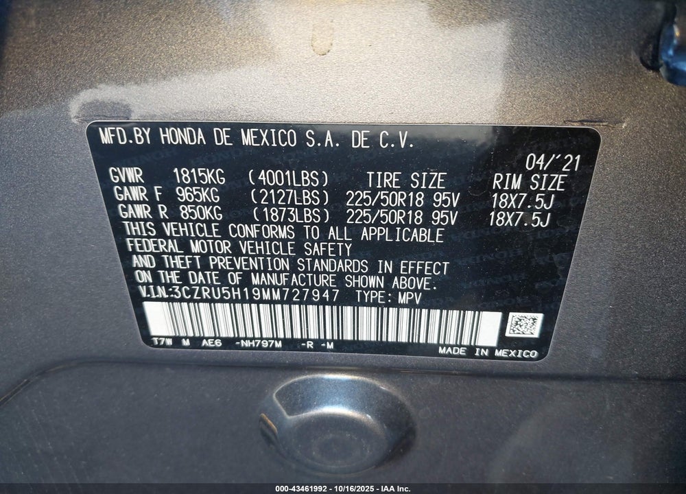 2021 HONDA HR-V VIN: 3CZRU5H19MM727947