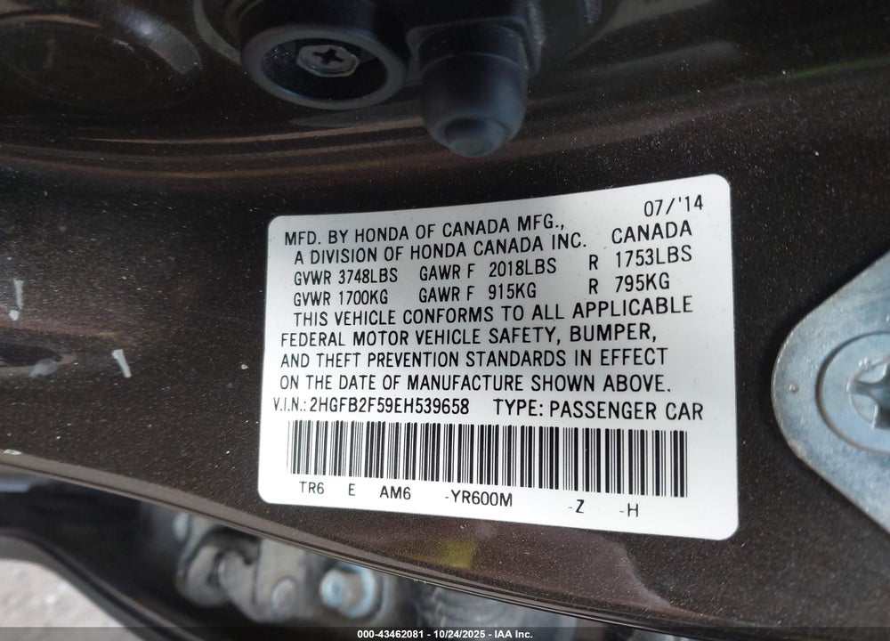 2014 HONDA CIVIC VIN: 2HGFB2F59EH539658
