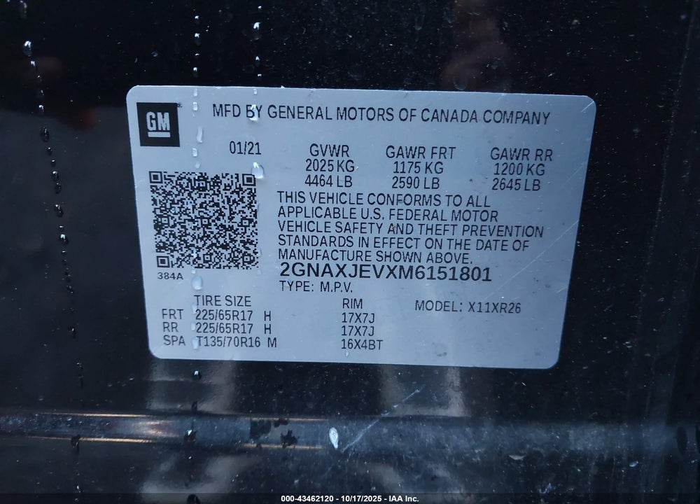 2021 CHEVROLET EQUINOX VIN: 2GNAXJEVXM6151801