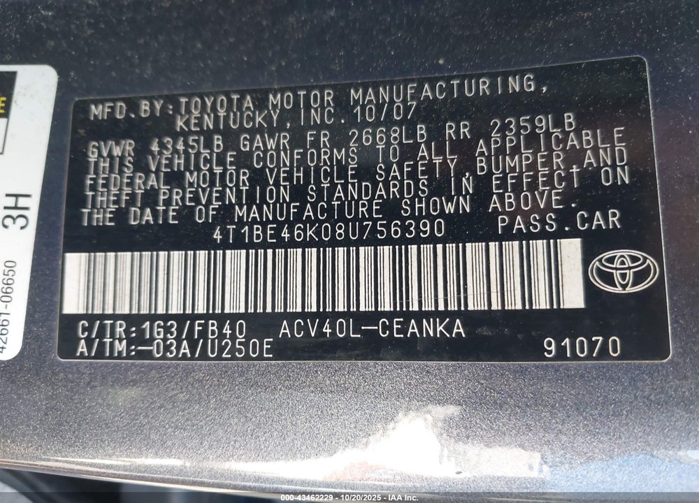 2008 TOYOTA CAMRY VIN: 4T1BE46K08U756390