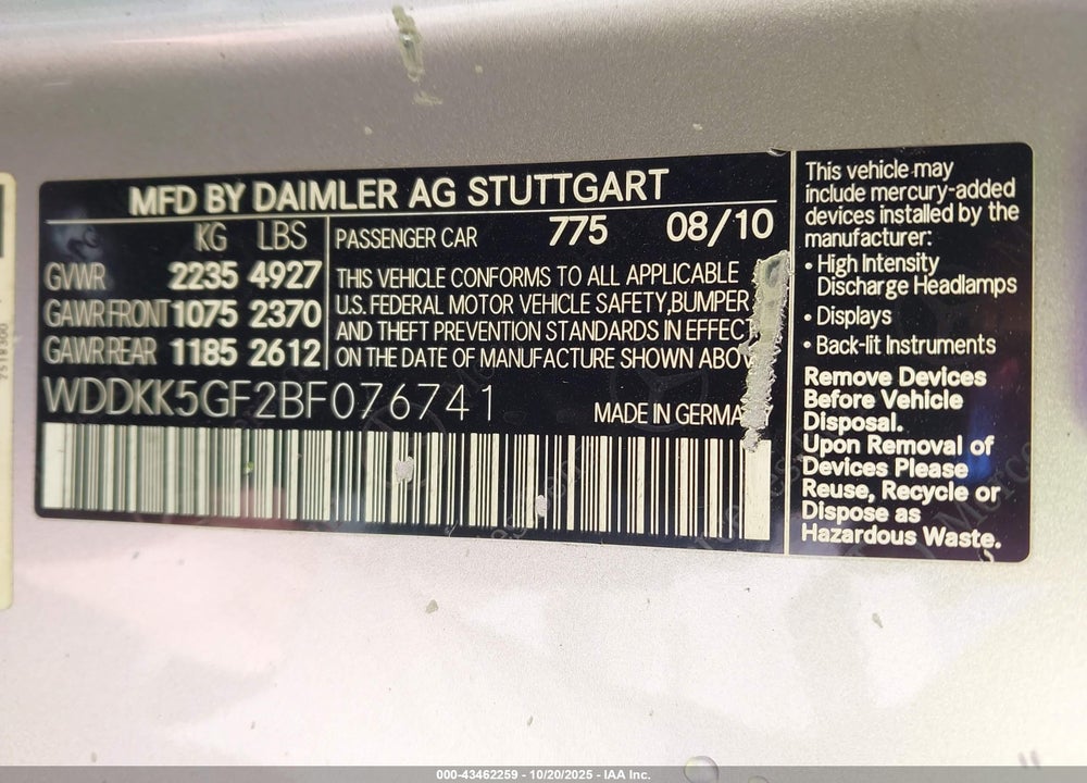 2011 MERCEDES-BENZ E-CLASS VIN: WDDKK5GF2BF076741