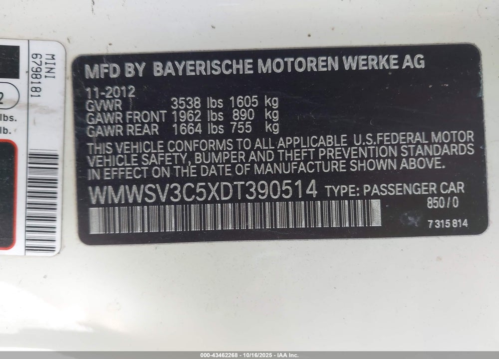 2013 MINI HARDTOP COOPER S VIN: WMWSV3C5XDT390514