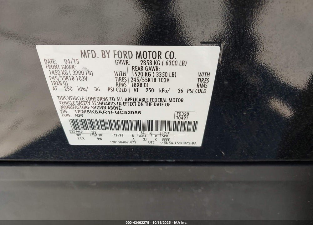 2015 FORD UTILITY POLICE INTERCEPTOR VIN: 1FM5K8AR1FGC52055