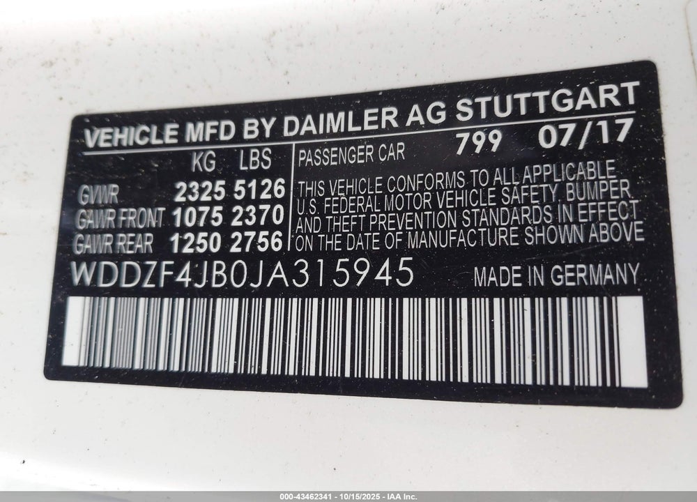 2018 MERCEDES-BENZ E 300 VIN: WDDZF4JB0JA315945