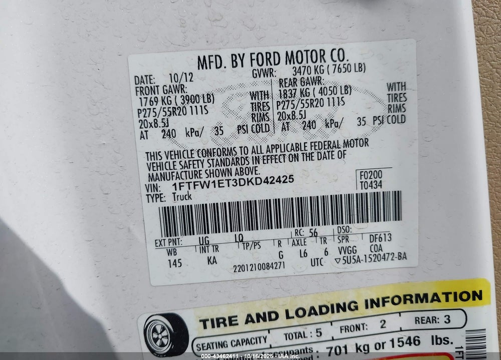2013 FORD F-150 VIN: 1FTFW1ET3DKD42425