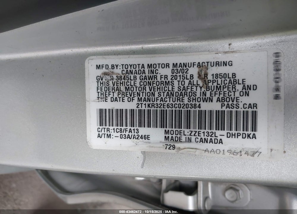 2003 TOYOTA MATRIX STANDARD VIN: 2T1KR32E63C020384