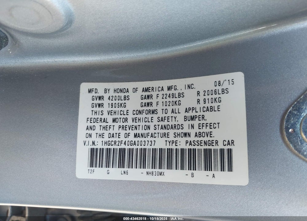 2016 HONDA ACCORD LX VIN: 1HGCR2F40GA003737