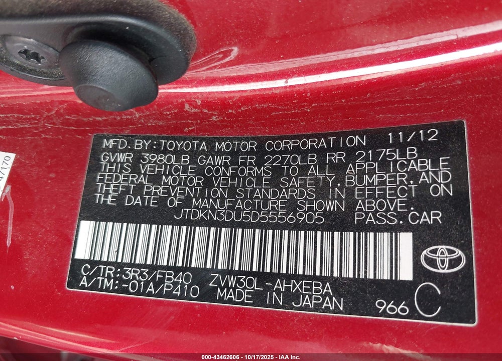2013 TOYOTA PRIUS TWO VIN: JTDKN3DU5D5556905