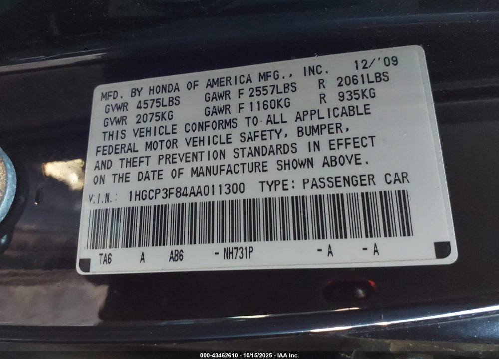 2010 HONDA ACCORD VIN: 1HGCP3F84AA011300