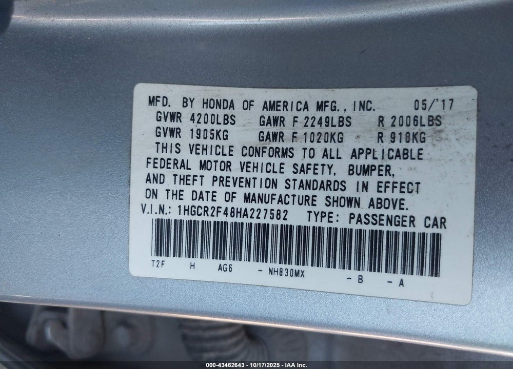 2017 HONDA ACCORD LX VIN: 1HGCR2F48HA227582