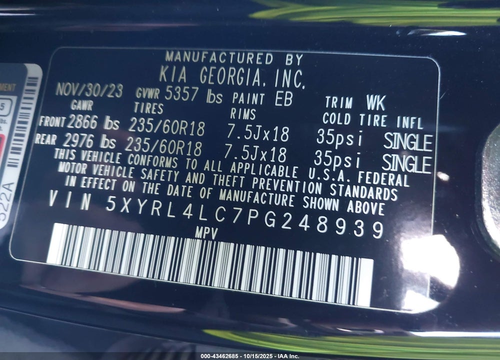 2023 KIA SORENTO S VIN: 5XYRL4LC7PG248939