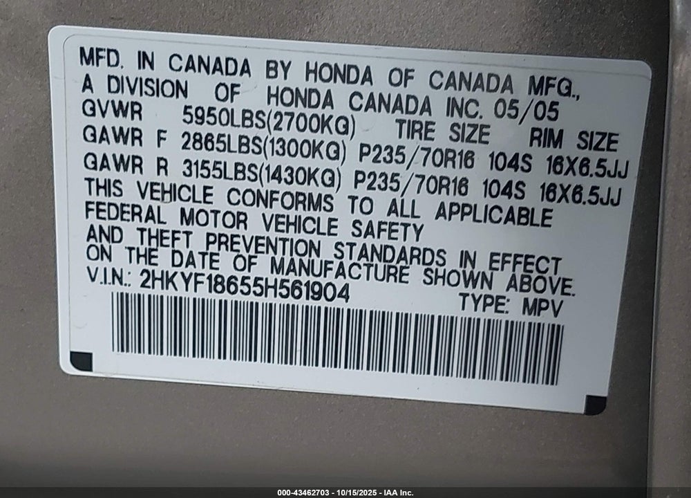 2005 HONDA PILOT VIN: 2HKYF18655H561904