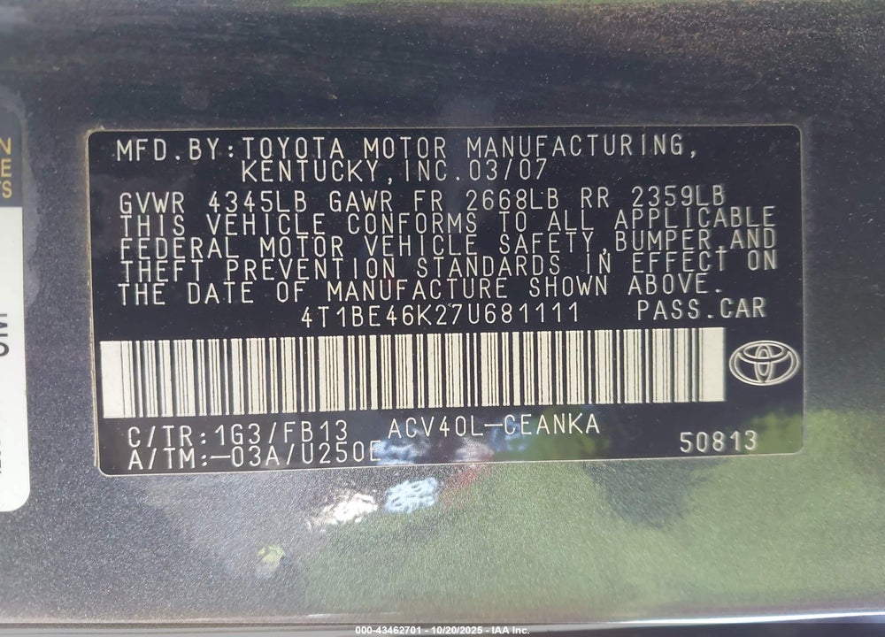 2007 TOYOTA CAMRY LE VIN: 4T1BE46K27U681111