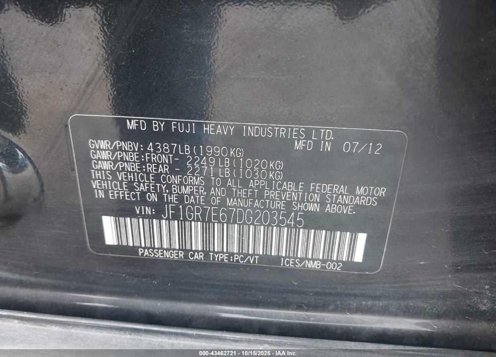 2013 SUBARU IMPREZA VIN: JF1GR7E67DG203545