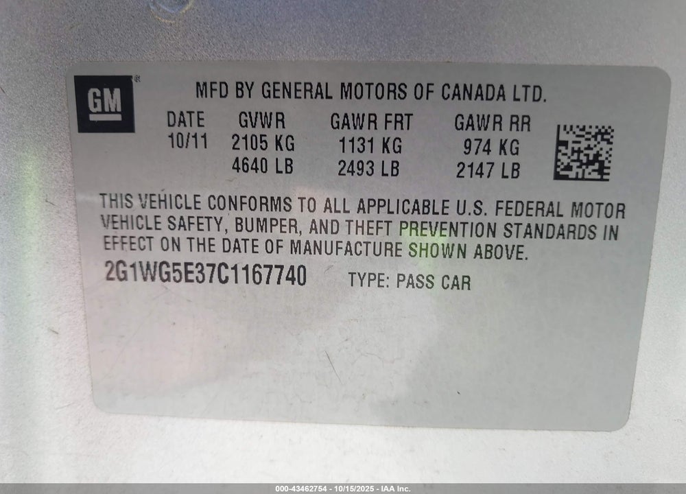 2012 CHEVROLET IMPALA LT VIN: 2G1WG5E37C1167740