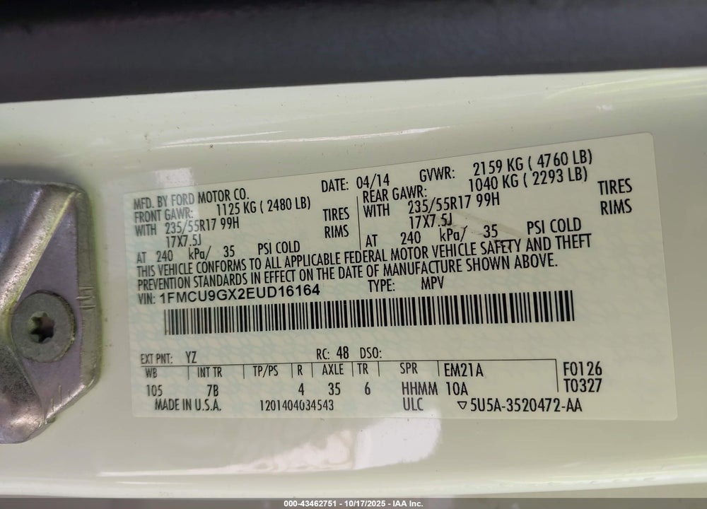 2014 FORD ESCAPE SE VIN: 1FMCU9GX2EUD16164