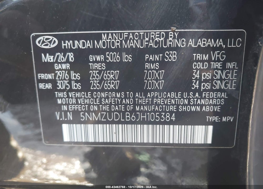 2018 HYUNDAI SANTA FE VIN: 5NMZUDLB6JH105384