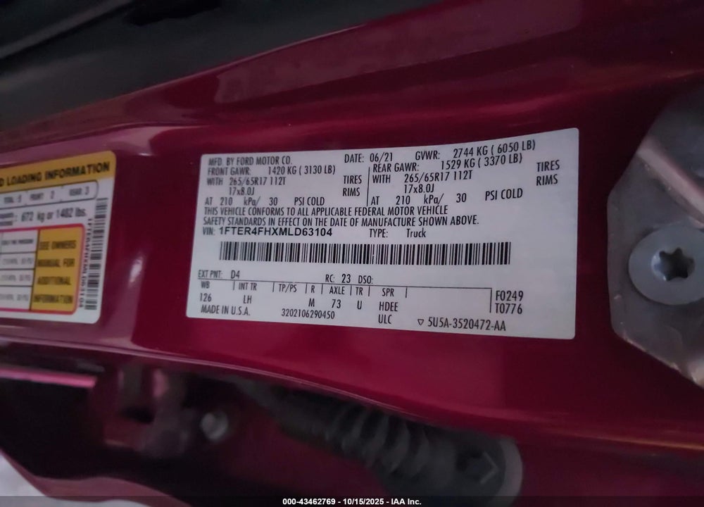 2021 FORD RANGER XLT VIN: 1FTER4FHXMLD63104
