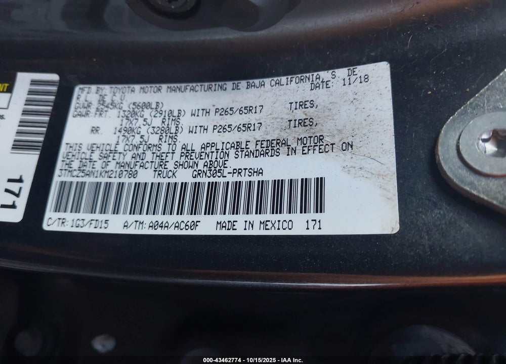2019 TOYOTA TACOMA VIN: 3TMCZ5AN1KM210780