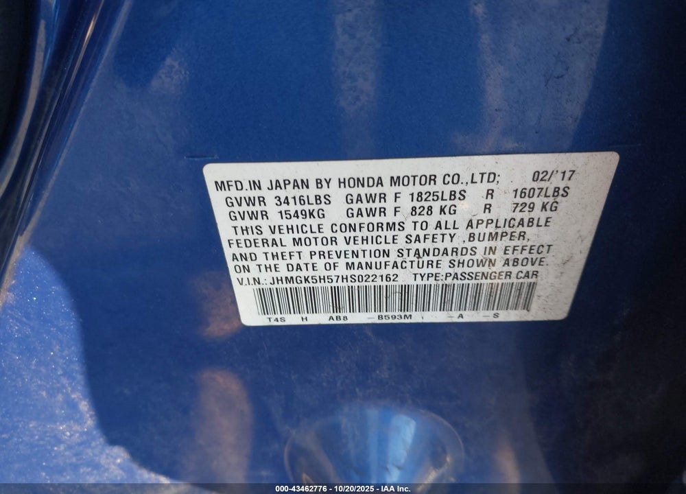 2017 HONDA FIT VIN: JHMGK5H57HS022162