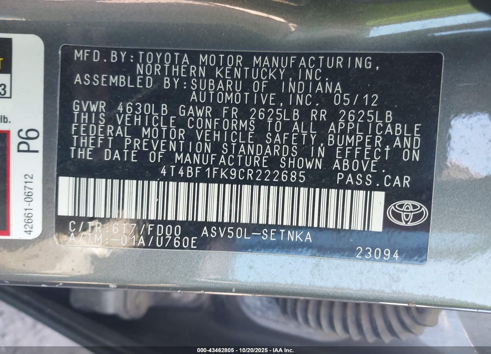 2012 TOYOTA CAMRY LE VIN: 4T4BF1FK9CR222685