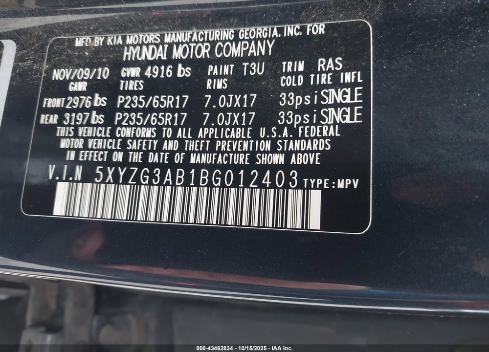 2011 HYUNDAI SANTA FE VIN: 5XYZG3AB1BG012403