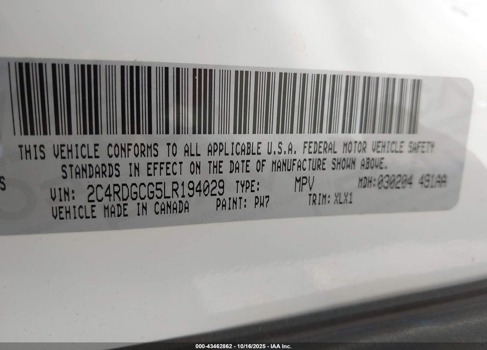 2020 DODGE GRAND CARAVAN SXT VIN: 2C4RDGCG5LR194029