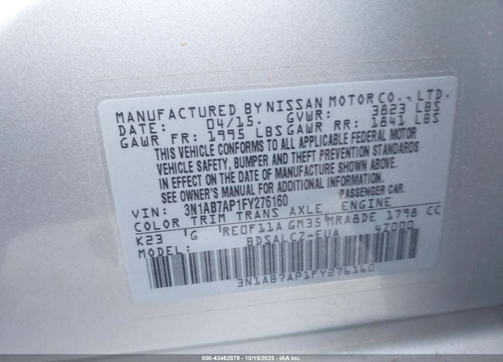 2015 NISSAN SENTRA S VIN: 3N1AB7AP1FY276160