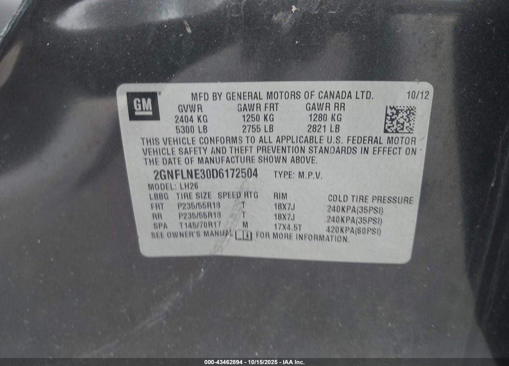 2013 CHEVROLET EQUINOX VIN: 2GNFLNE30D6172504