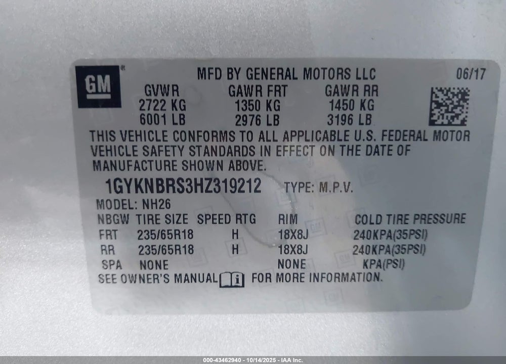 2017 CADILLAC XT5 LUXURY VIN: 1GYKNBRS3HZ319212