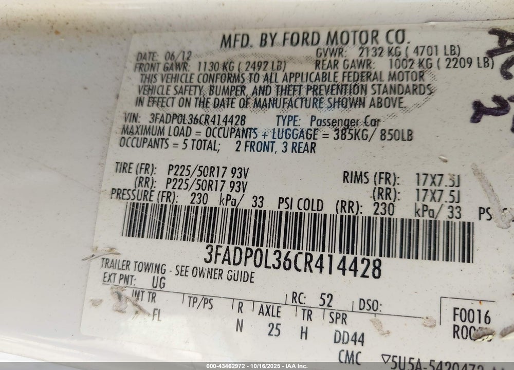 2012 FORD FUSION VIN: 3FADP0L36CR414428