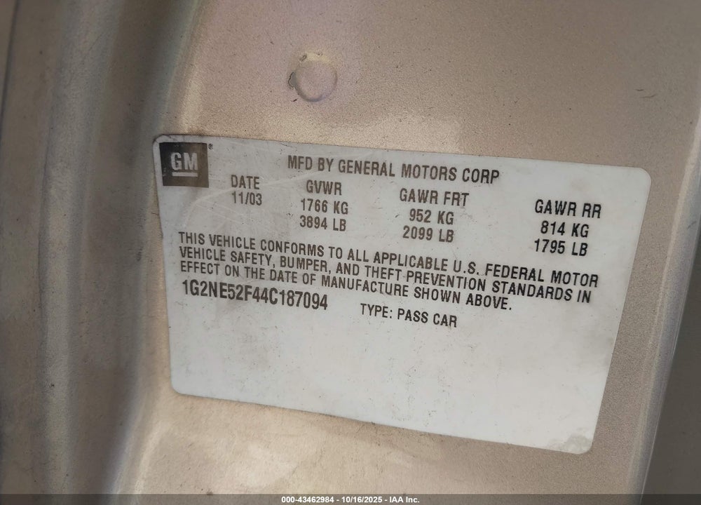 2004 PONTIAC GRAND AM SE VIN: 1G2NE52F44C187094