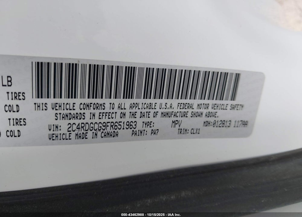 2015 DODGE GRAND CARAVAN SXT PLUS VIN: 2C4RDGCG9FR651963