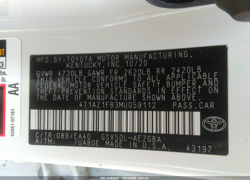 2021 TOYOTA AVALON XLE VIN: 4T1AZ1FB3MU059112