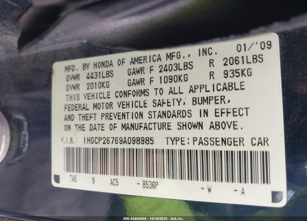 2009 HONDA ACCORD 2.4 EX VIN: 1HGCP26769A098985