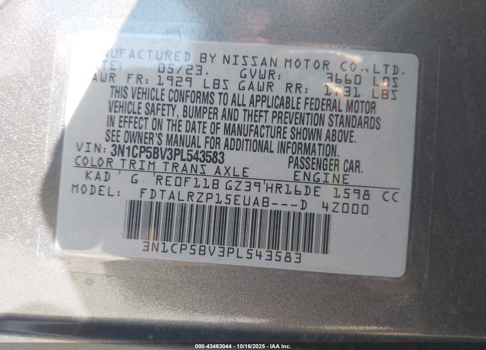 2023 NISSAN KICKS S XTRONIC CVT VIN: 3N1CP5BV3PL543583