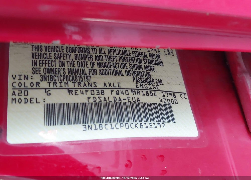 2012 NISSAN VERSA VIN: 3N1BC1CP0CK815197
