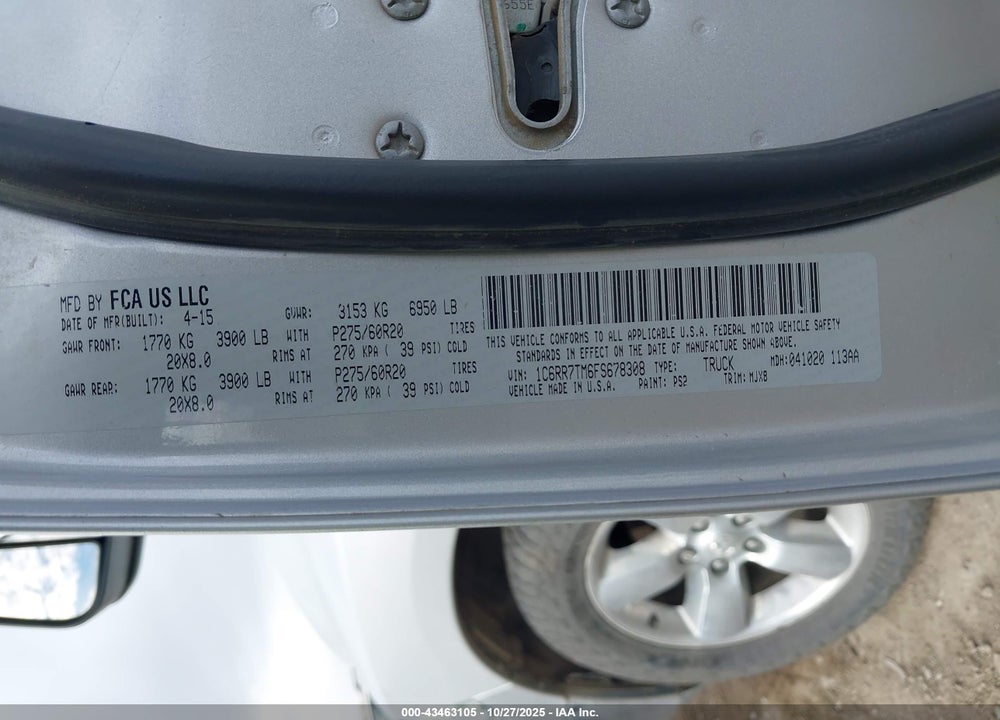 2015 RAM 1500 BIG HORN VIN: 1C6RR7TM6FS678308