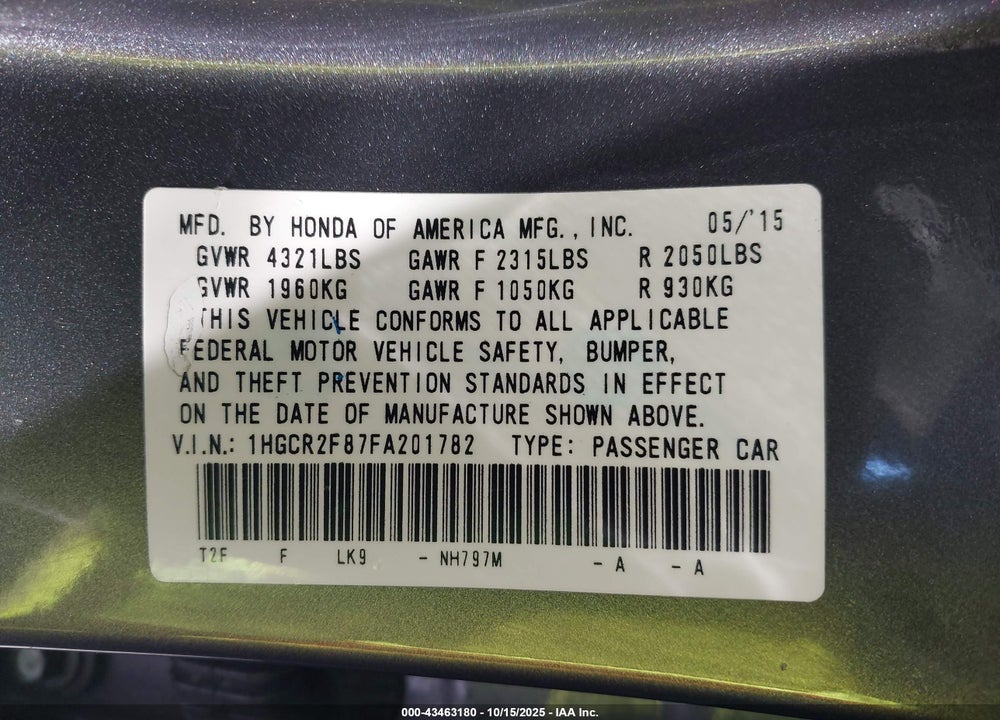 2015 HONDA ACCORD EX-L VIN: 1HGCR2F87FA201782