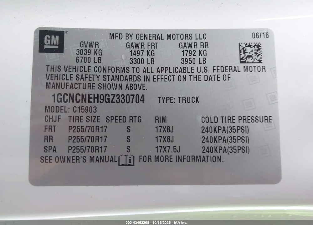 2016 CHEVROLET SILVERADO 1500 WT VIN: 1GCNCNEH9GZ330704