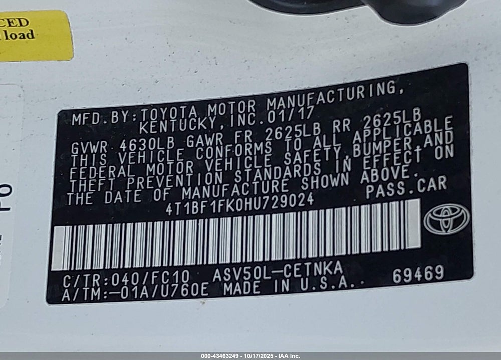 2017 TOYOTA CAMRY LE VIN: 4T1BF1FK0HU729024