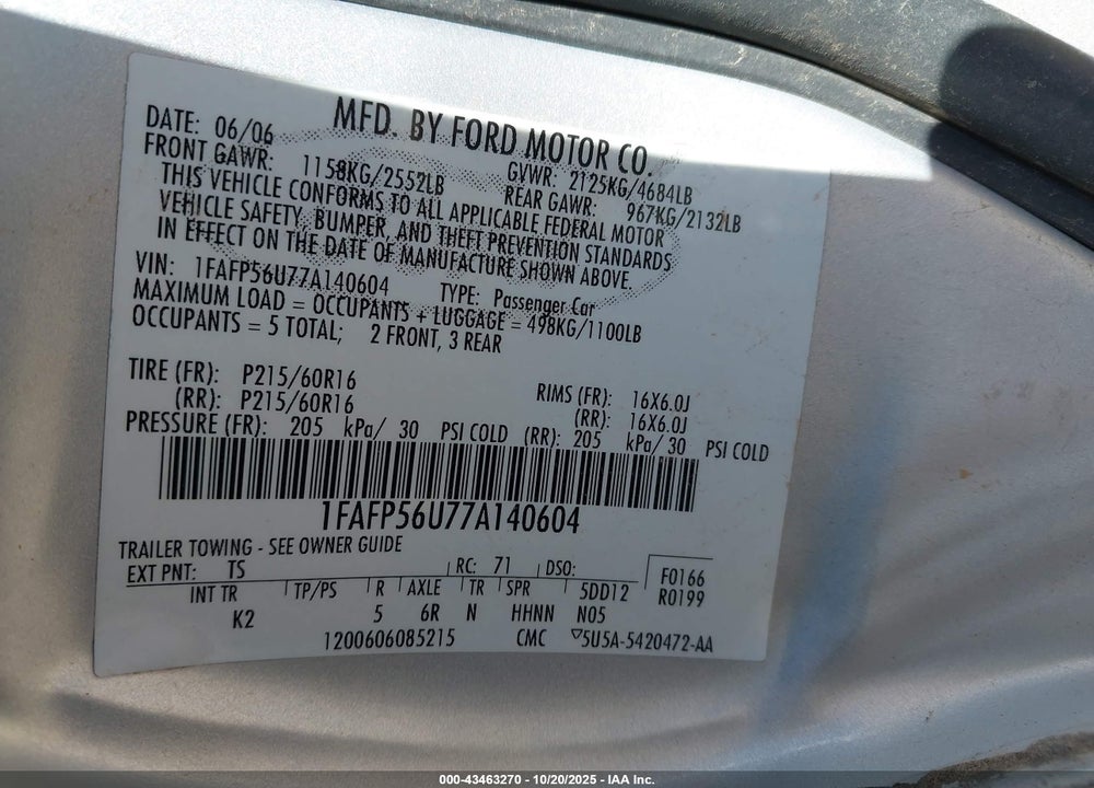 2007 FORD TAURUS SEL VIN: 1FAFP56U77A140604