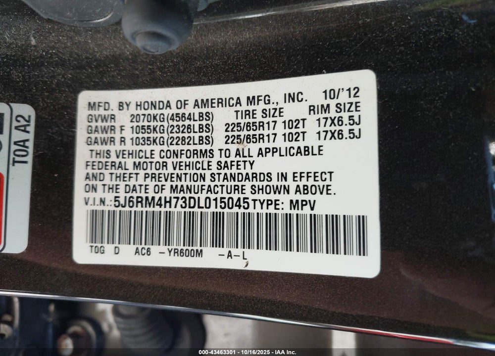 2013 HONDA CR-V VIN: 5J6RM4H73DL015045