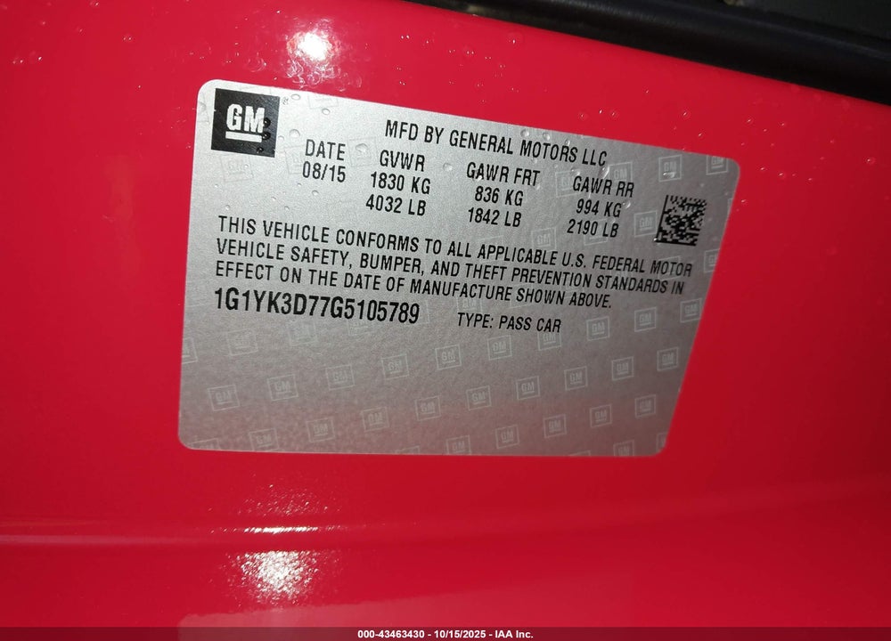 2016 CHEVROLET CORVETTE STINGRAY VIN: 1G1YK3D77G5105789