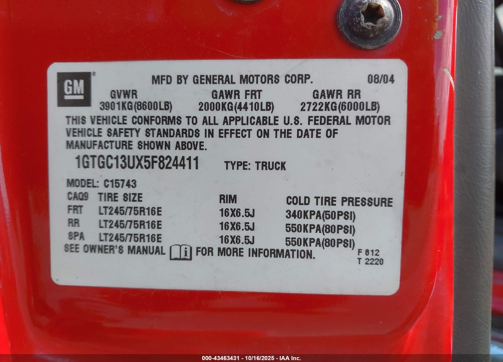 2005 GMC SIERRA 1500HD SLE VIN: 1GTGC13UX5F824411