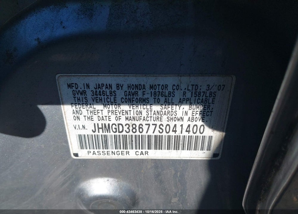 2007 HONDA FIT SPORT VIN: JHMGD38677S041400
